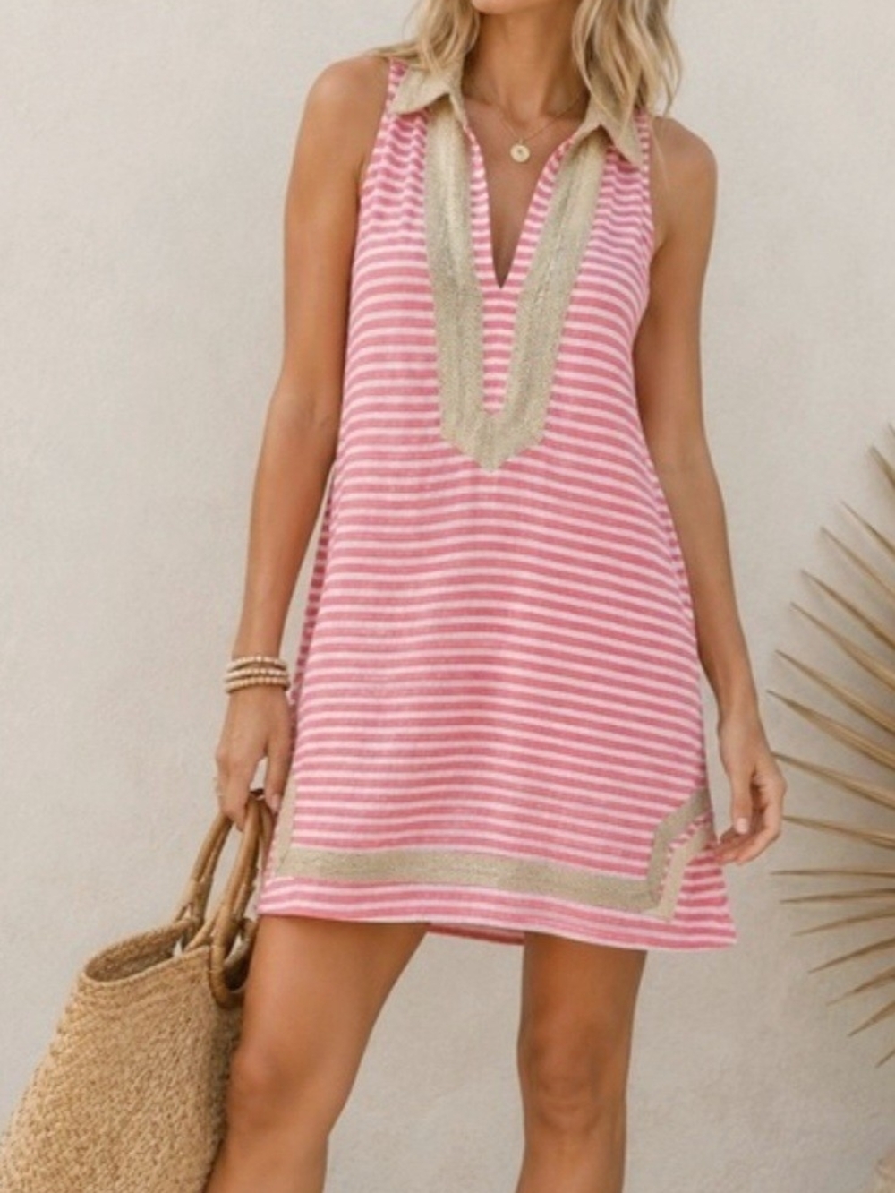 Sail to Sable Linen Pink & Cream Striped Sleeveless VNeck Mini Dress Scandi Girl